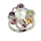 LDS PEARL & MULT COLOR RING W/DIAS